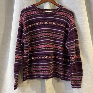 VTG DONNKENNY Pullover Striped Floral Sweater Womens Large